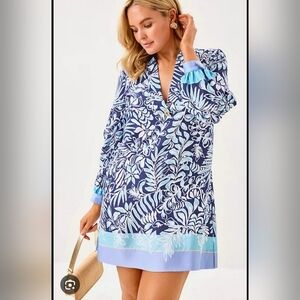 NWT Lilly Pulitzer Iralanne Long Sleeve Popover Shirt Dress Saphire Pool Size 4